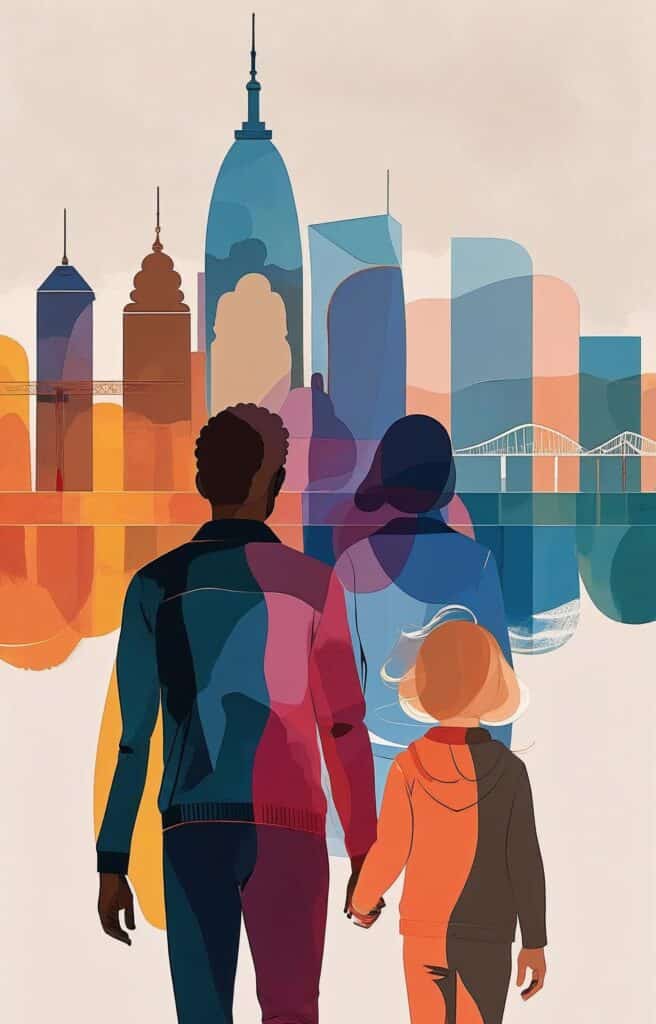 Cree des variations de cette illustration. Il faut illustrer deux adultes et un enfant qui voyage vers une nouvelle ville au loin les visages ne sont pas visibles. Najoute pas de texte 1 1