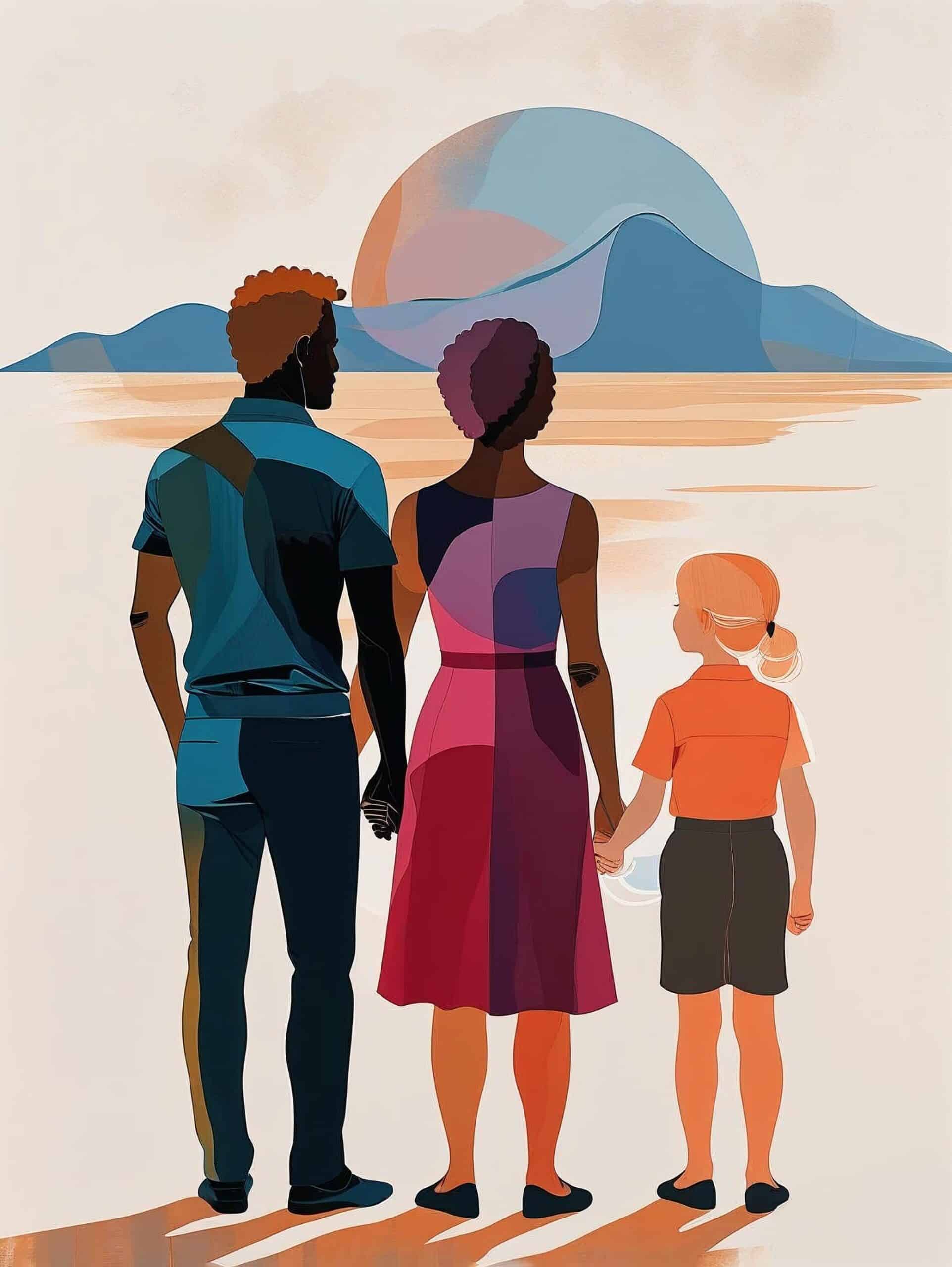 Cree des variations de cette illustration. Il faut illustrer deux adultes et un enfant qui voyage vers une nouvelle ville au loin les visages ne sont pas visibles. Najoute pas de texte 3 scaled